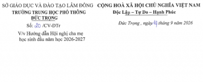 Công văn về việc hướng dẫn Hội nghị cha mẹ học sinh đầu năm học 2026 - 2027