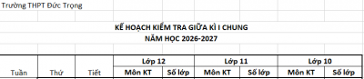 Kế hoạch kiểm tra Chung giữa học kì 1 - Năm học 2026 2027