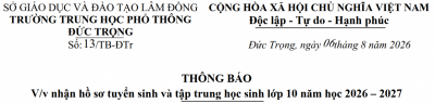 Thông báo nhận hồ sơ tuyển sinh và tập trung học sinh lớp 10 năm học 2026 – 2027