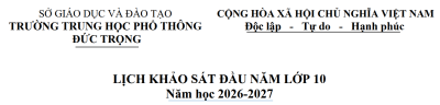 Lịch khảo sát đầu năm lớp 10 Năm học 2026-2027