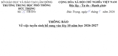 Thông báo tuyển sinh bổ sung vào lớp 10 năm học 2026 - 2027